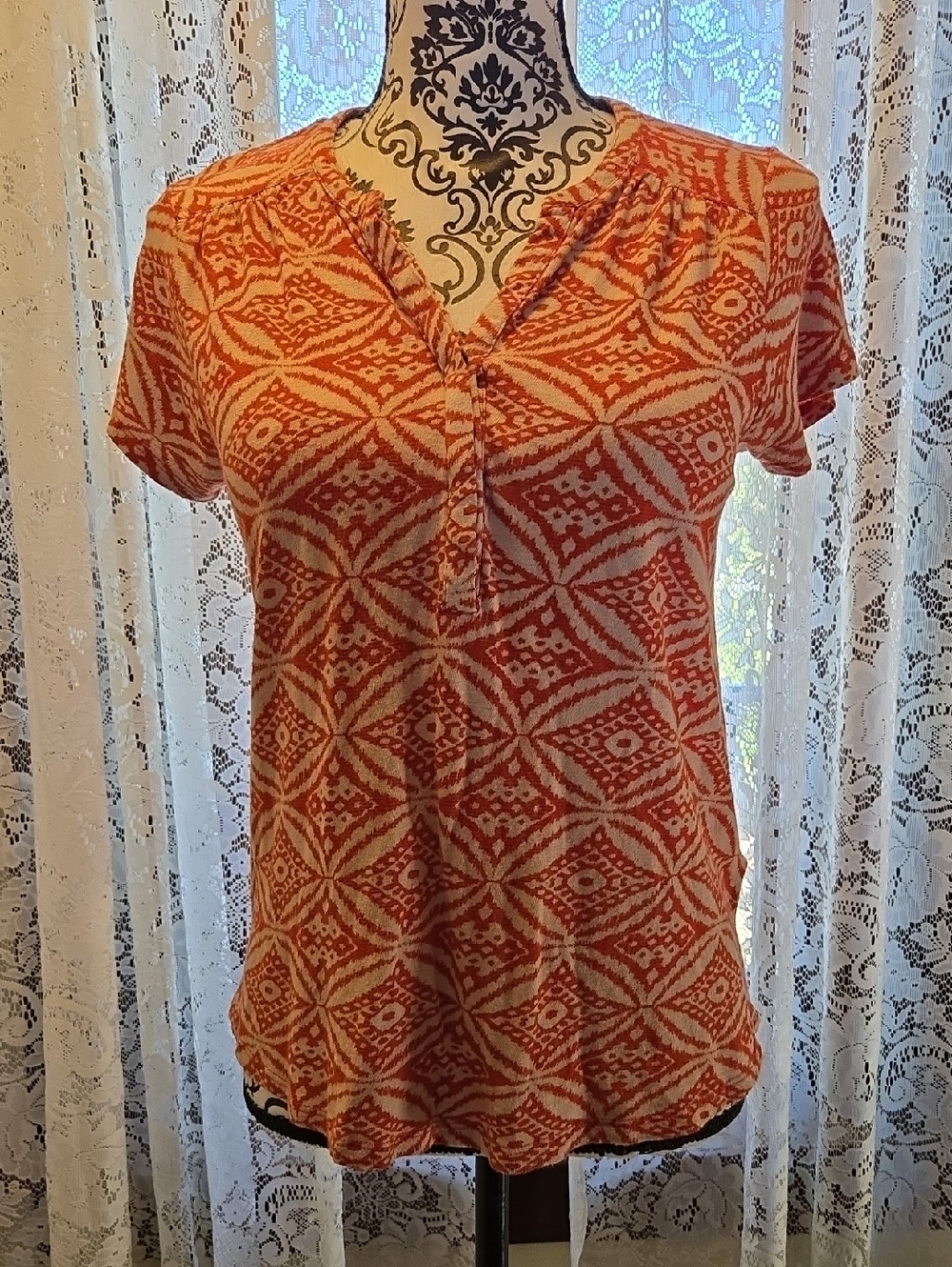 Women's Orange Patterned Cap-Sleeve V-Neck Top